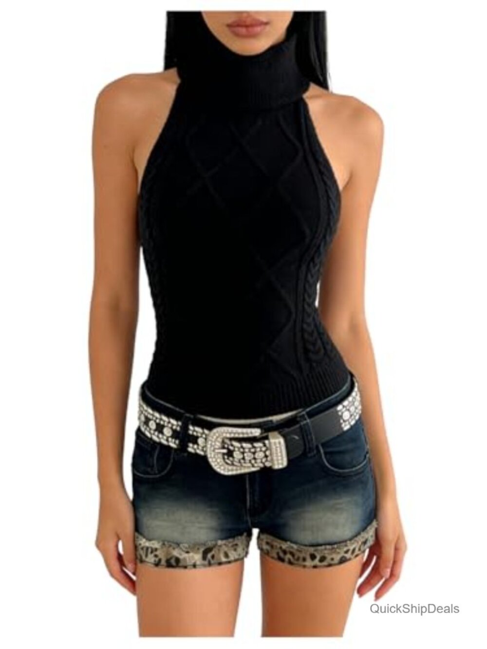 Mock Turtleneck Open Back Sweater Vest Sleeveless Textured Knit Halter Tank Top